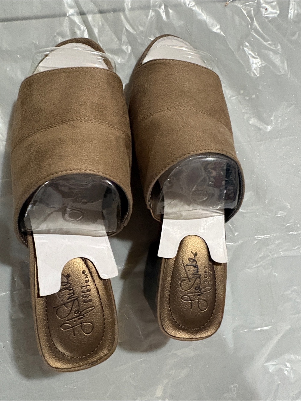 Open-Toe Suede Slide Heels in Taupe by Life Stride